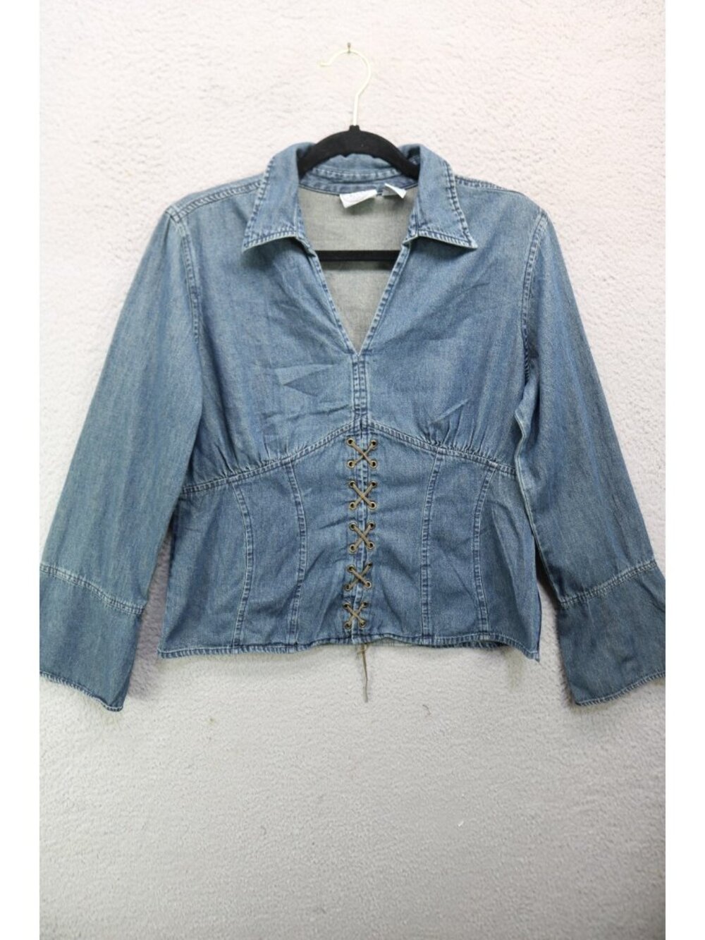 Vtg Carolina Blues Long Bell Sleeves Lace-Up Chambray Babydoll Top-Med.-Y2K-90's